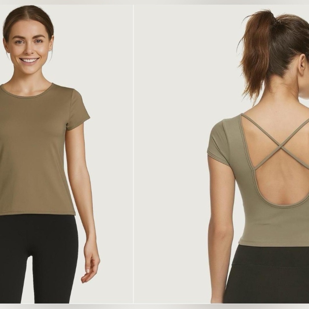 Arizona Jean Co. Women’s Activewear Top Jr Sz Lg Tan Crisscross Back Tee